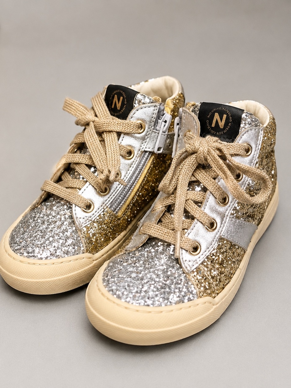 Naturino Kids Glitter High-Top Sneakers in Gold & Silver